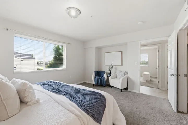 Primary bedroom featuring neutral carpeting, a large window with horizontal blinds, and a light-colored ceiling