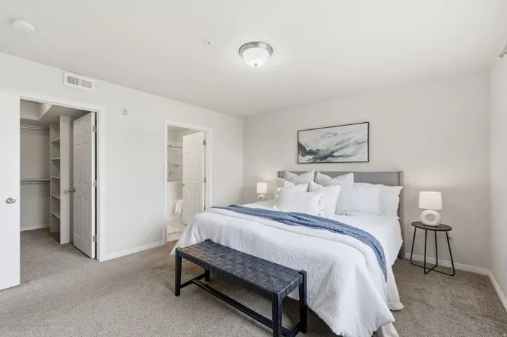 Primary bedroom featuring a ceiling-mounted light fixture, an open doorway revealing a closet with built-in shelving, and a second open doorway leading to a bathroom with a visible shower area