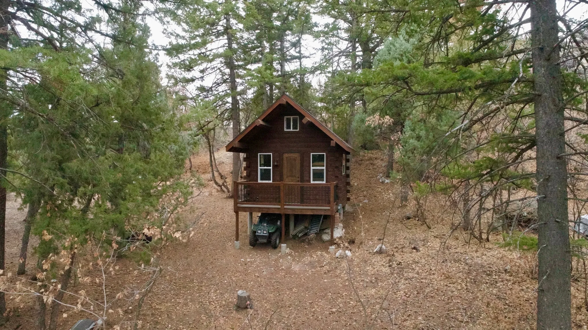 Back of house with a wooden deck and log siding