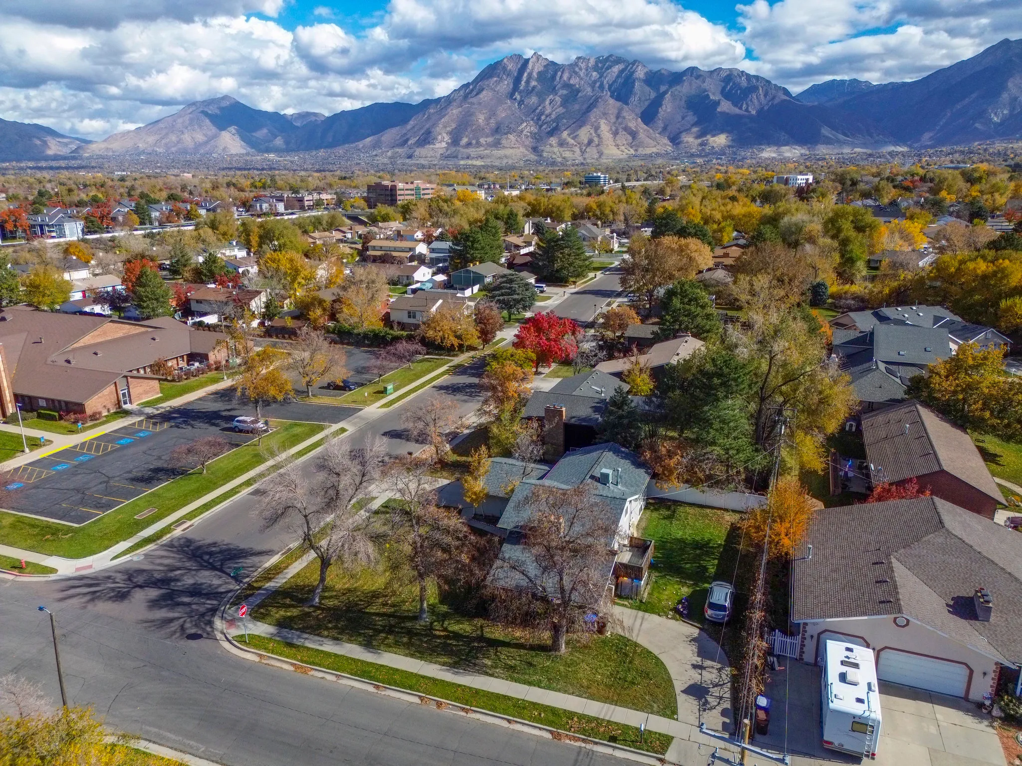 Aerial perspective of suburban area with mountains