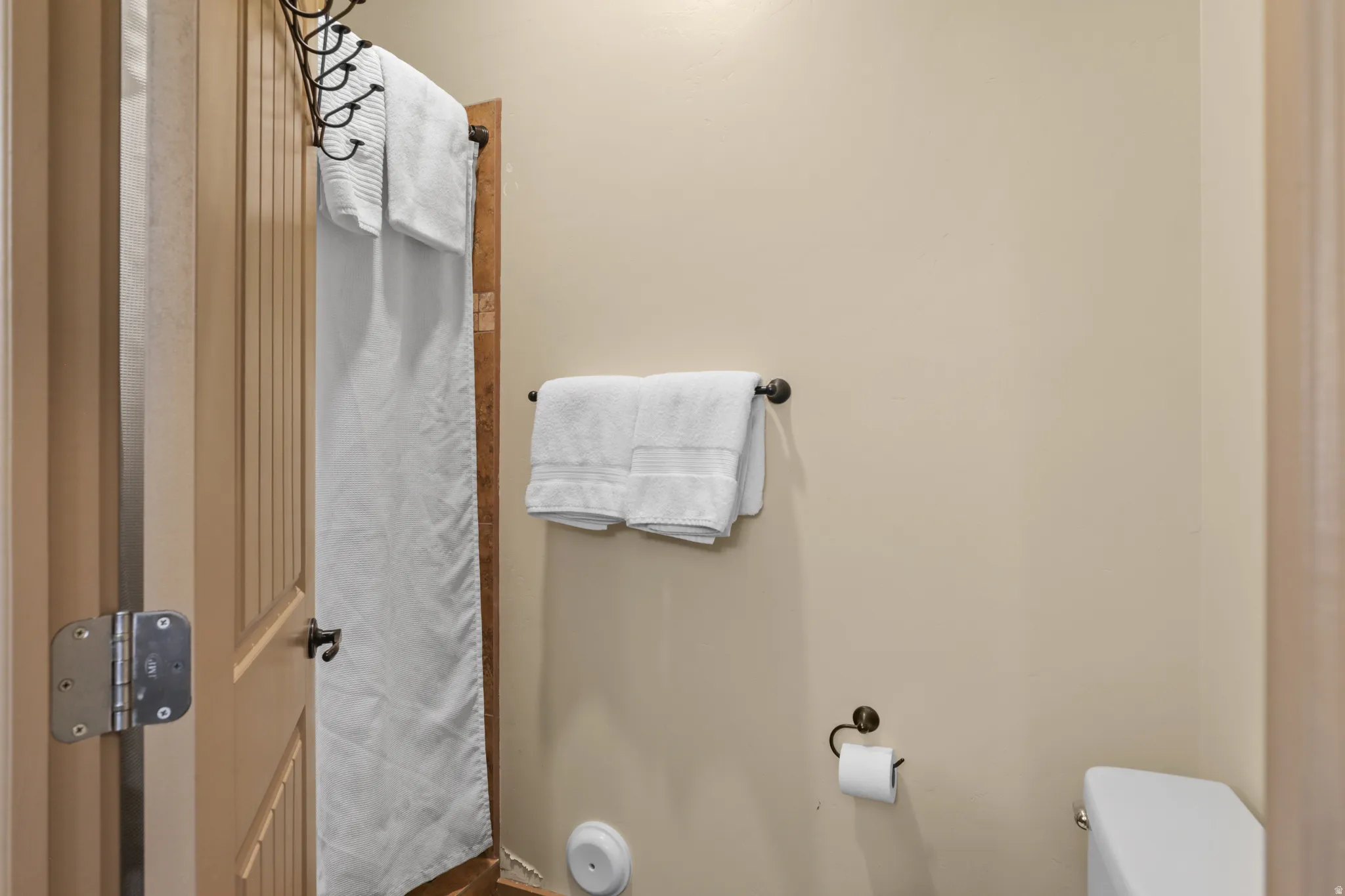 Bathroom with toilet and a shower with shower curtain