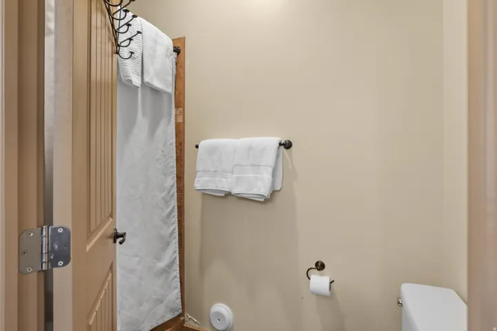 Bathroom with toilet and a shower with shower curtain