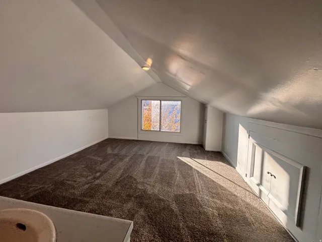 Additional living space featuring carpet flooring and vaulted ceiling
