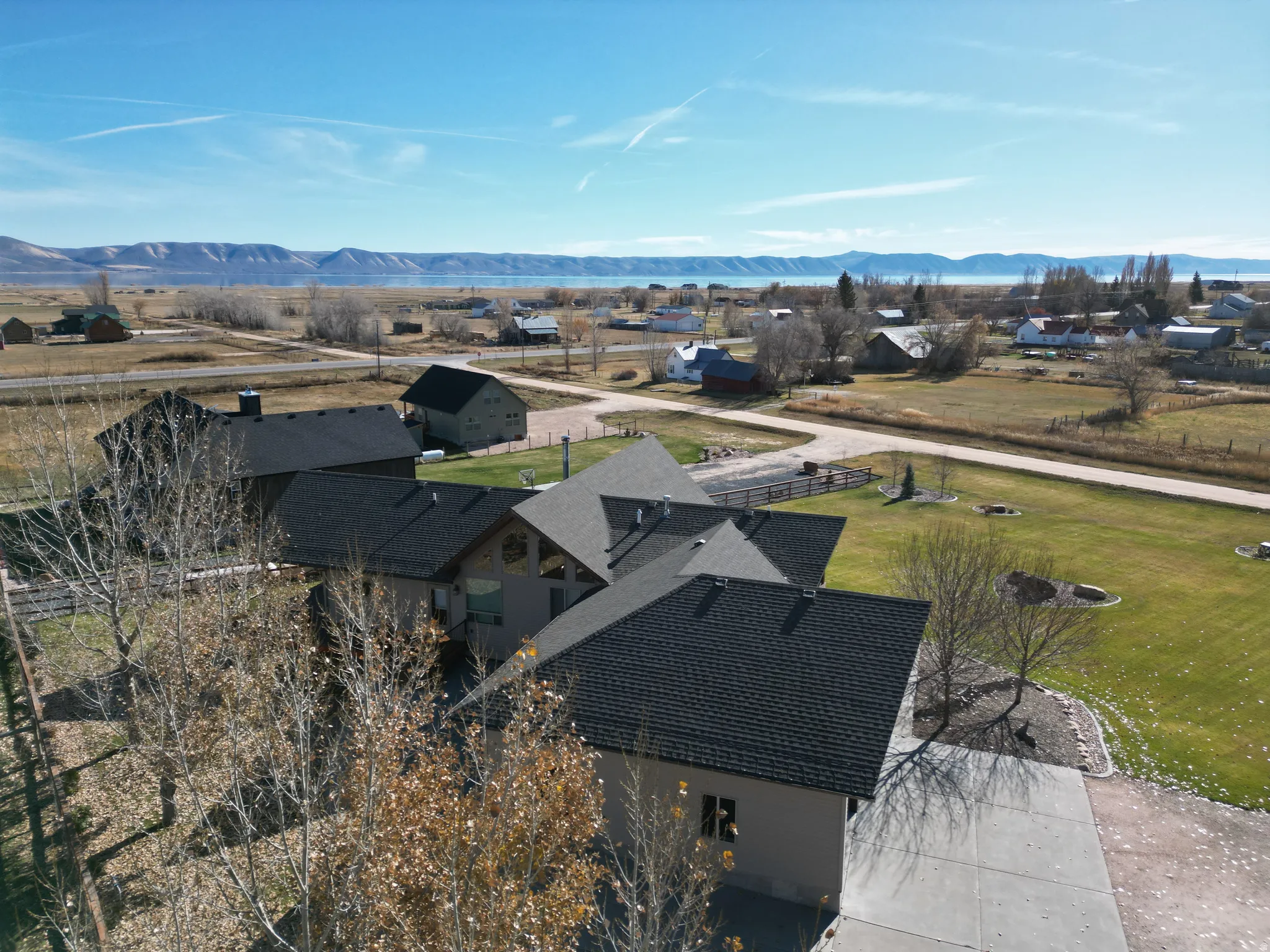 Aerial view of a mountainous and Bear Lake background