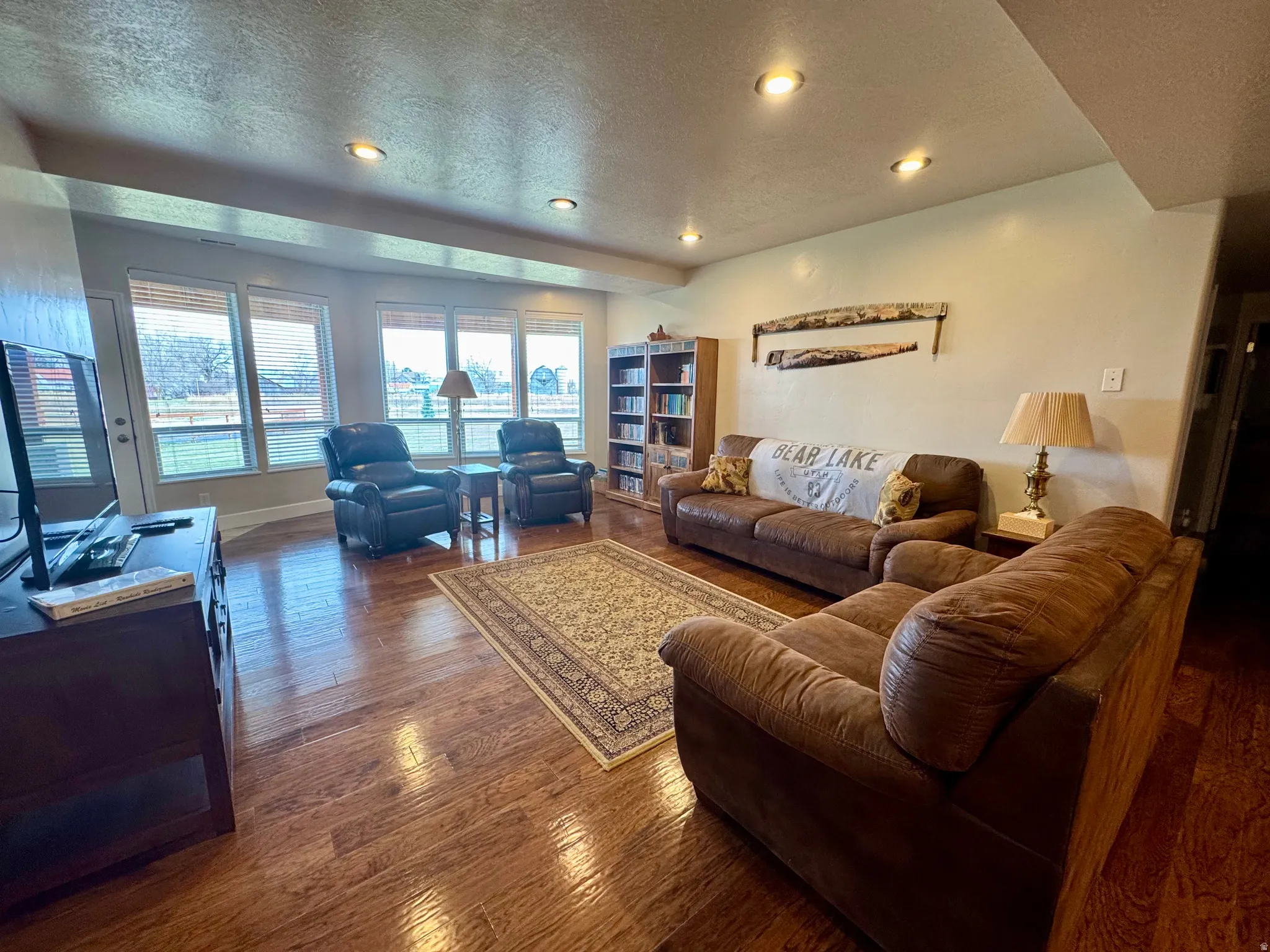 Living room with a textured ceiling, dark wood-type flooring, and recessed lighting