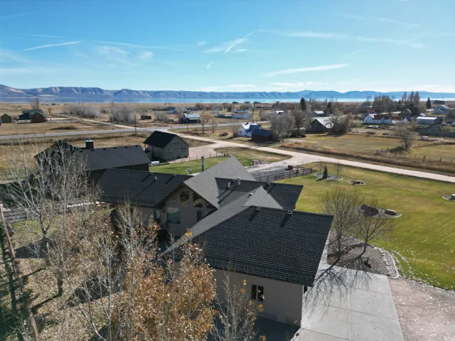 Aerial view of a mountainous and Bear Lake background