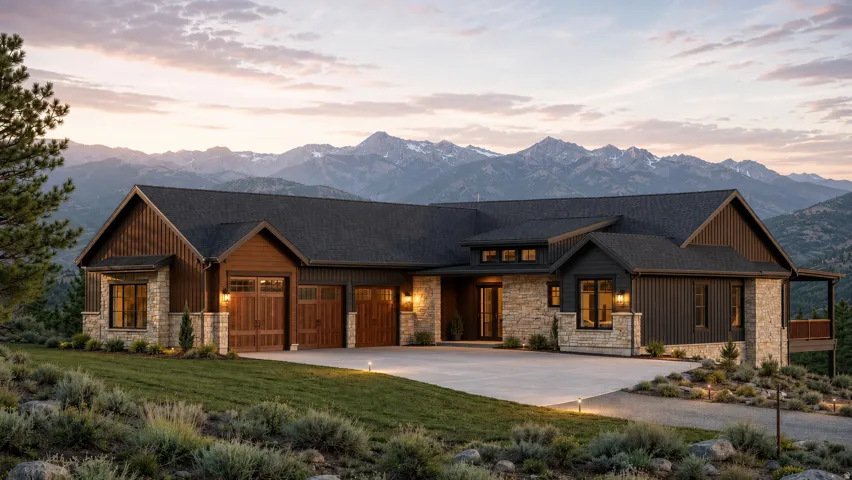 Expansive mountain-style residence featuring stone and wood siding, a dark shingle roof, and a three-car garage with wood doors
