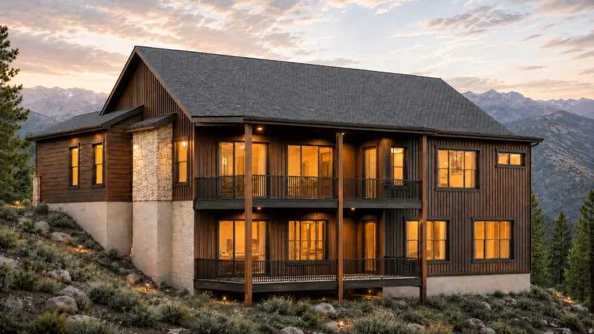 Multi-level mountain-style residence featuring a dark wood siding and dark shingle roof