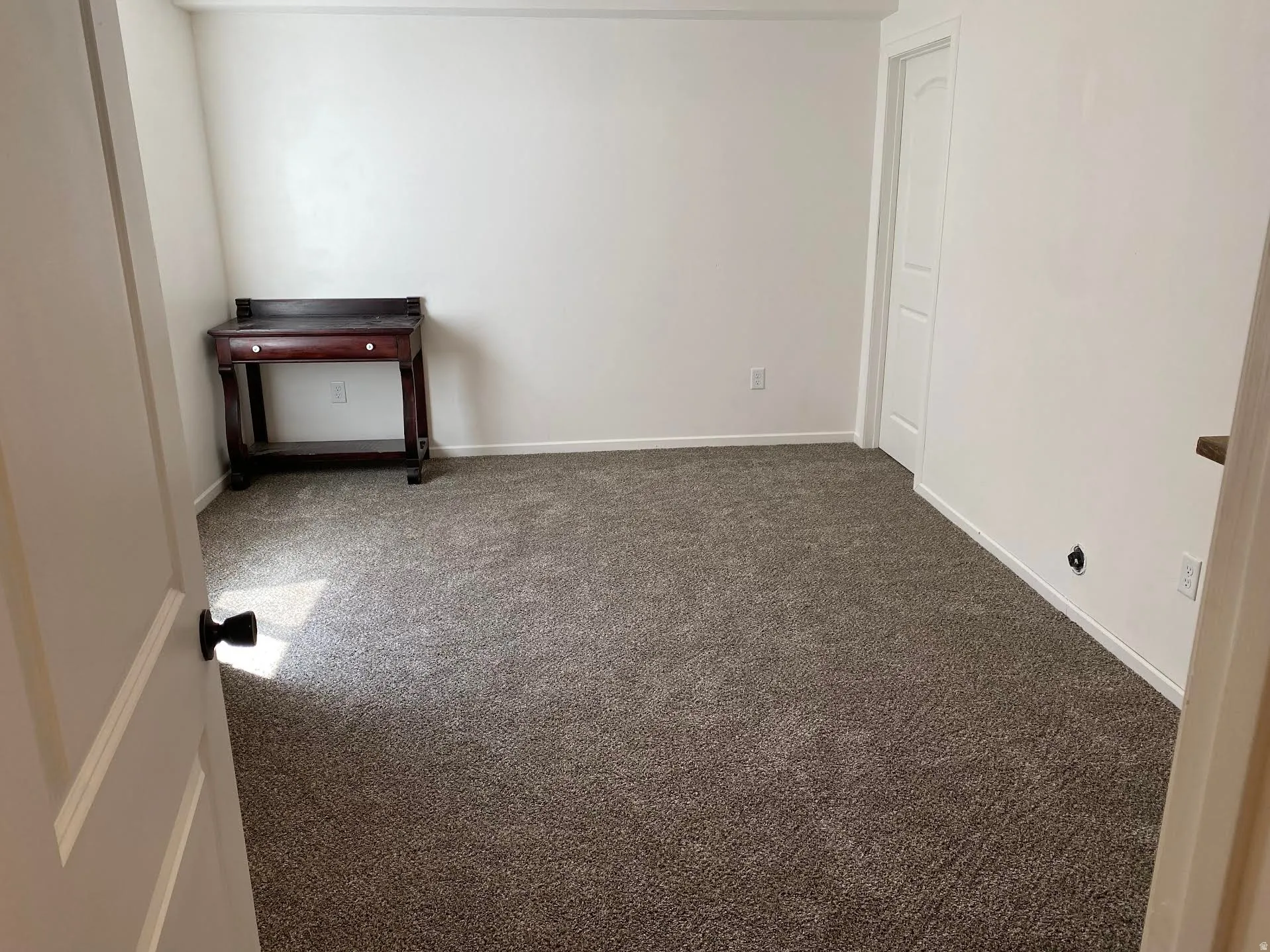 Spacious room featuring neutral carpeting, white walls, and white trim
