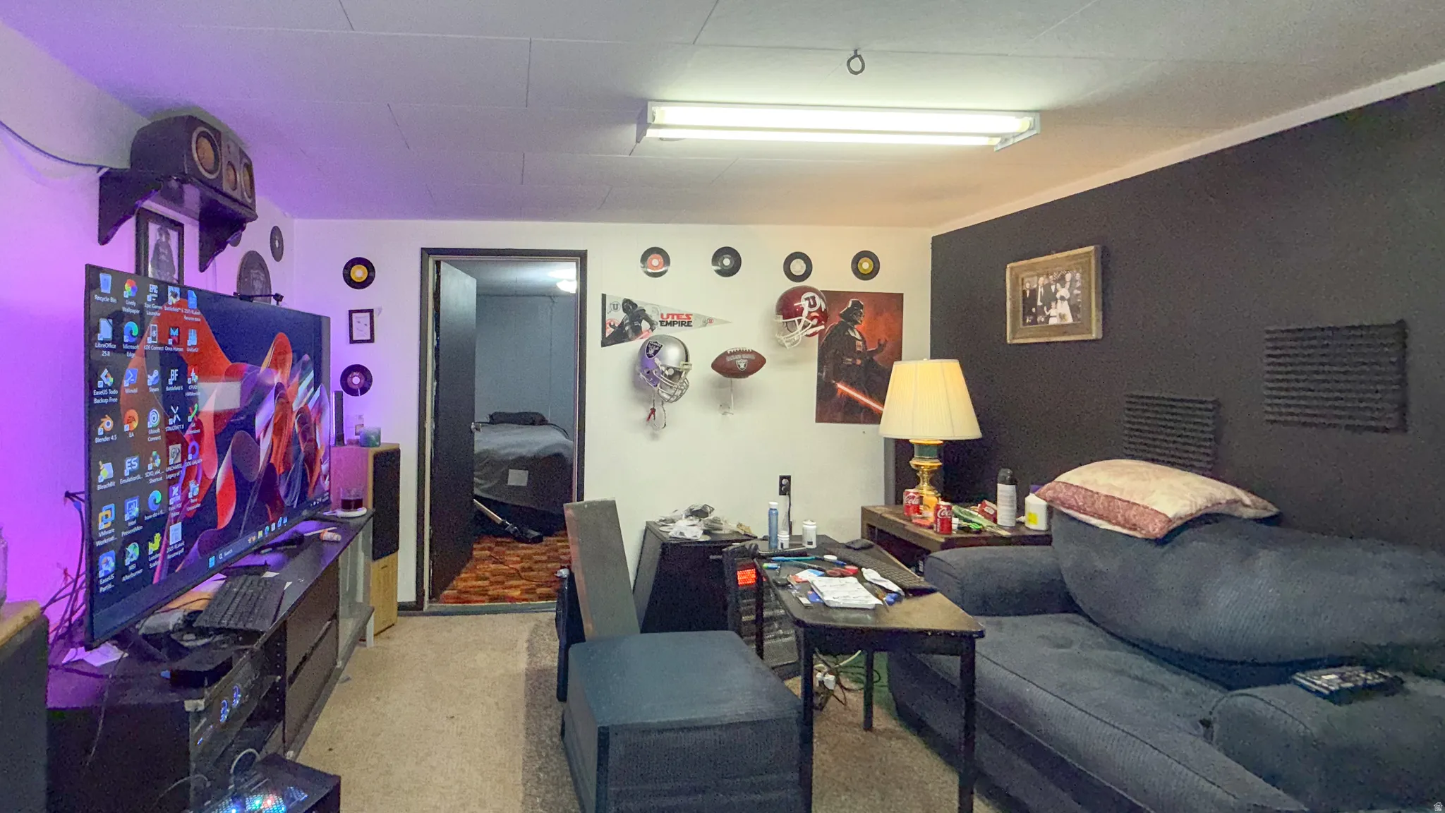 Living room featuring light carpet