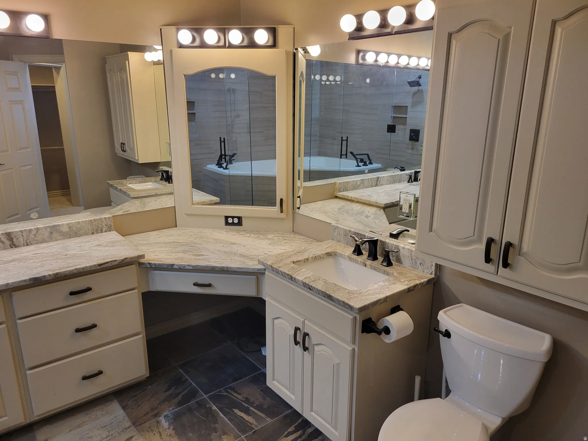 Bathroom featuring vanity, a walk in closet, and a bath