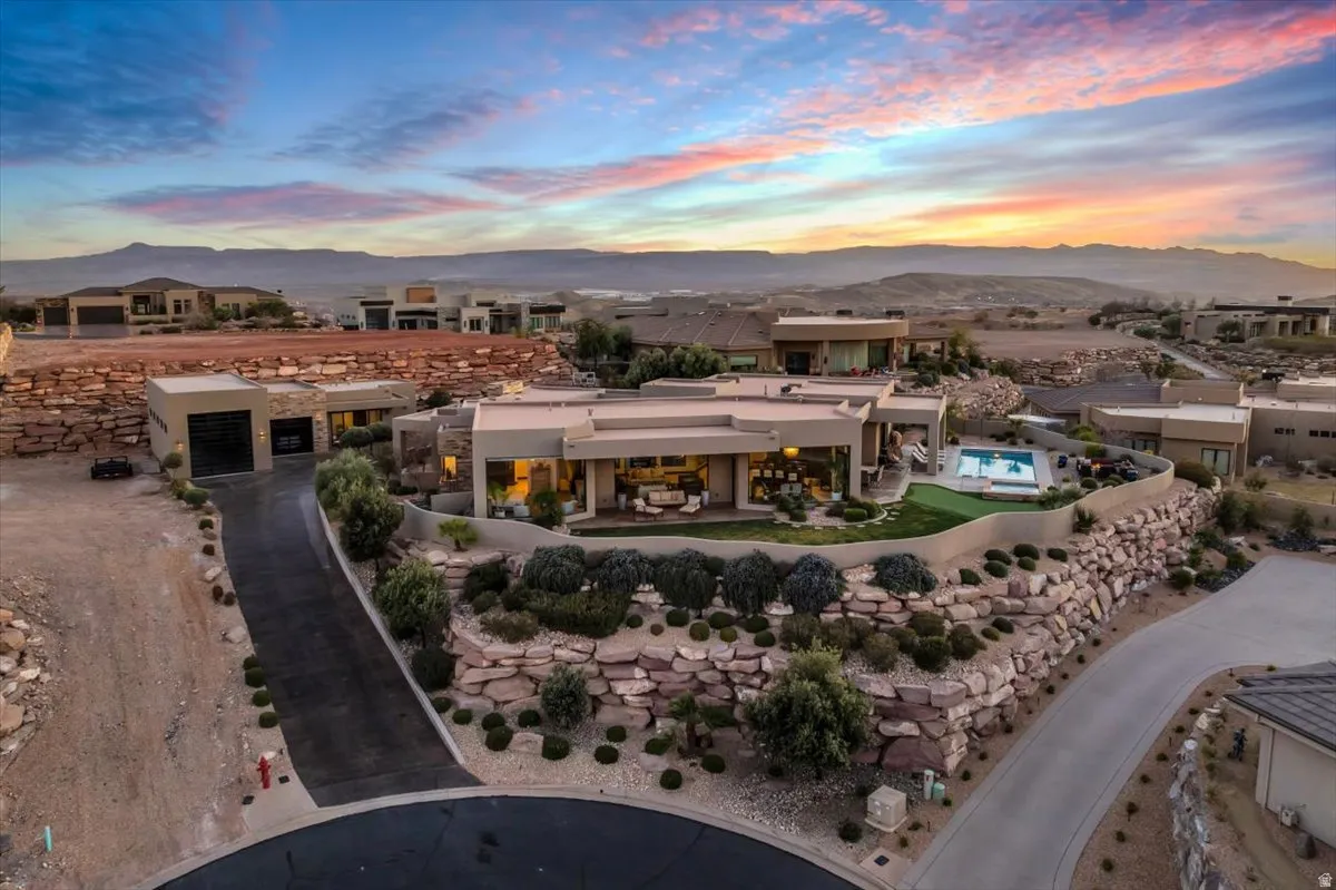 Aerial view at dusk of a mountain view