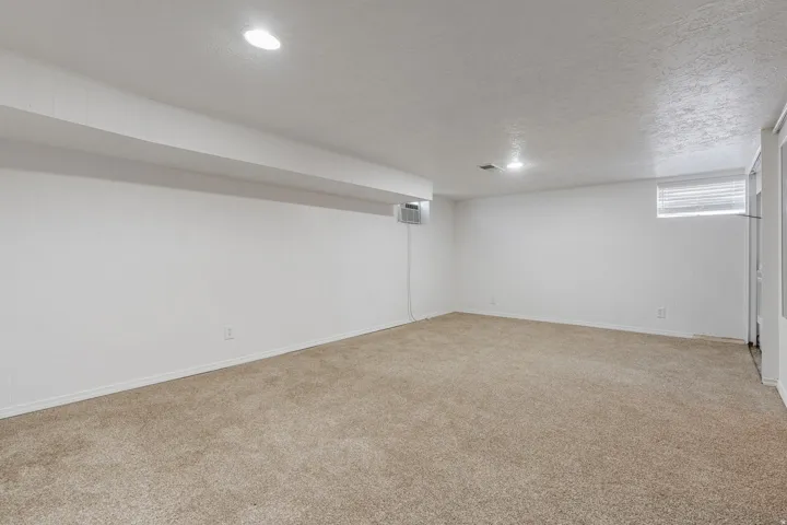 Below grade area with light colored carpet, a textured ceiling, and wood walls