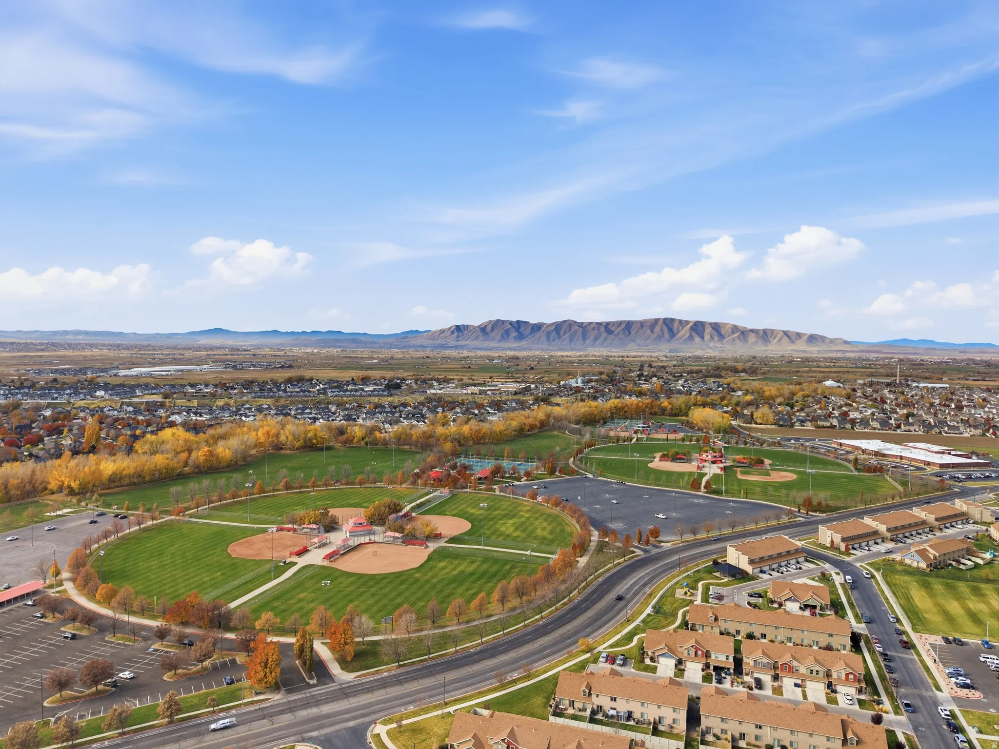 Aerial perspective of suburban area with mountains