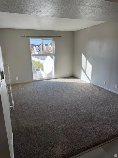 Living room with carpet flooring and a textured ceiling