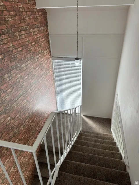 Stairway featuring carpet floors