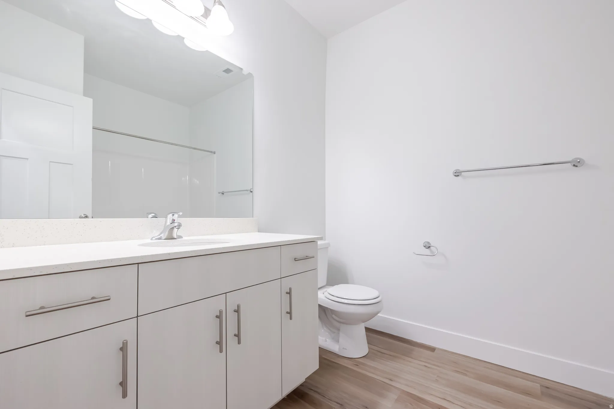 Full bathroom with vanity, light wood-type flooring, and a shower