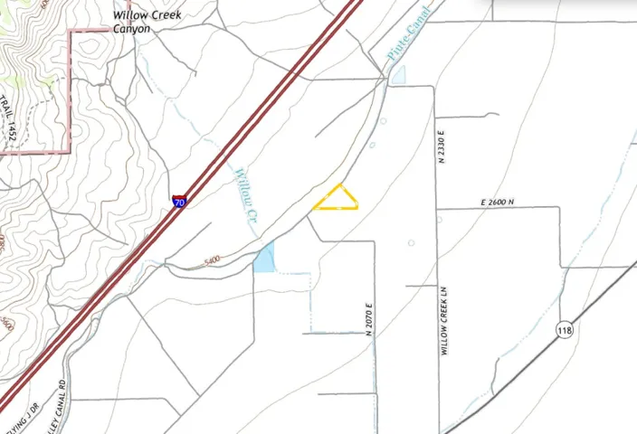 Property Survey Map. Displaying the geographic layout and key features of the property, including surrounding roads and natural elements
