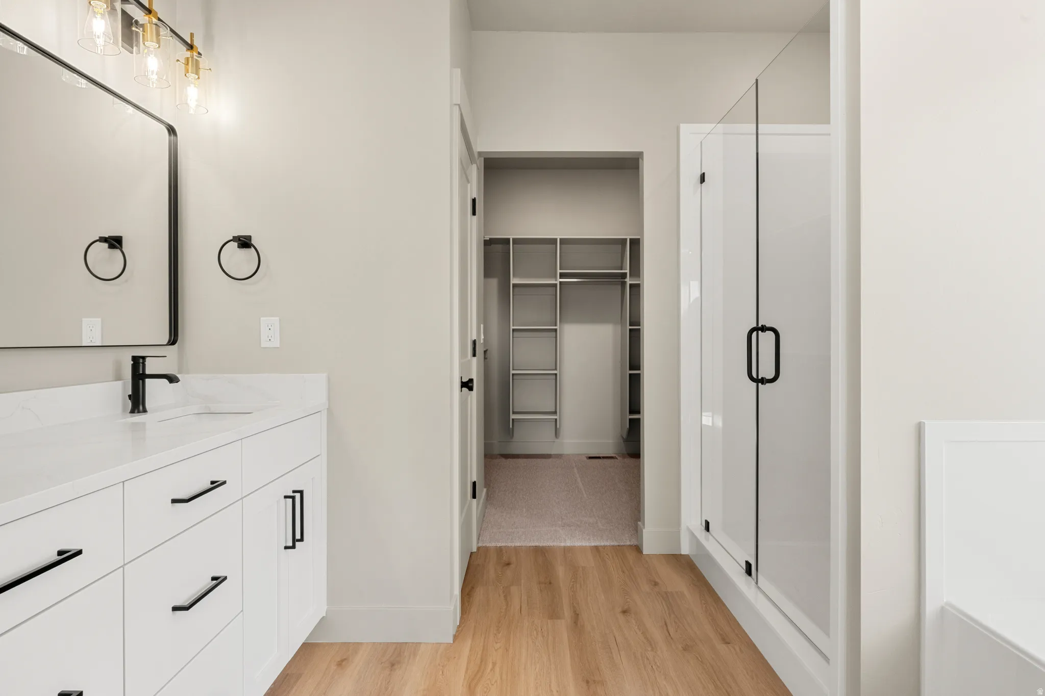 Full bathroom with a spacious closet, light wood finished floors, vanity, and a stall shower