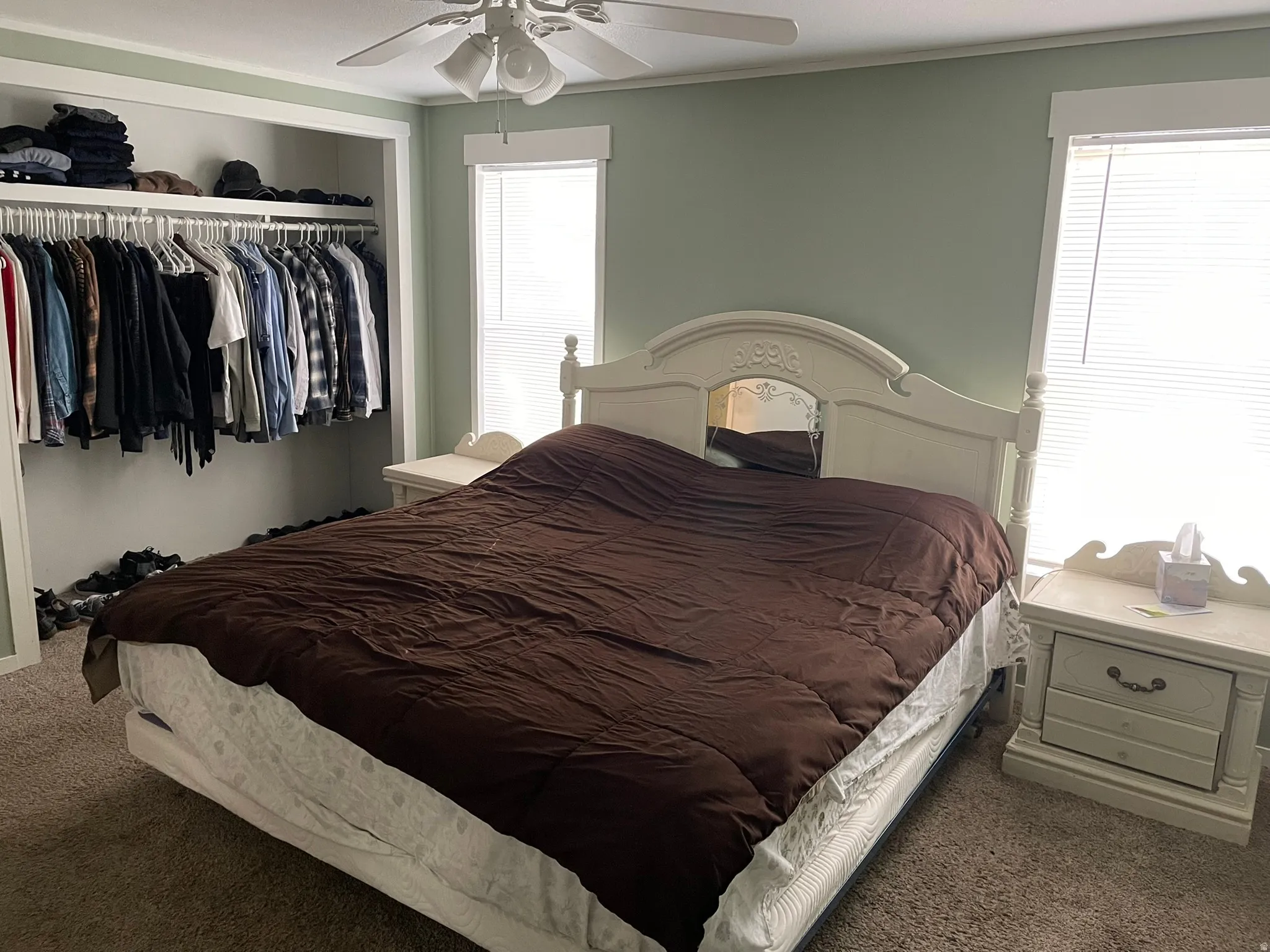 Carpeted bedroom with a closet, ceiling fan, and ornamental molding