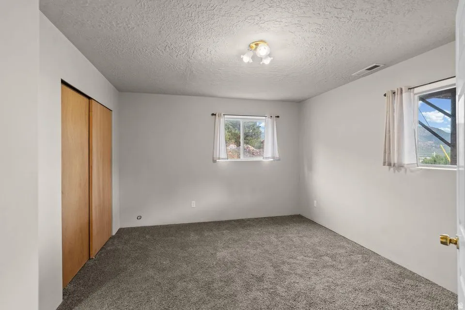 Unfurnished bedroom with a closet, carpet, and a textured ceiling