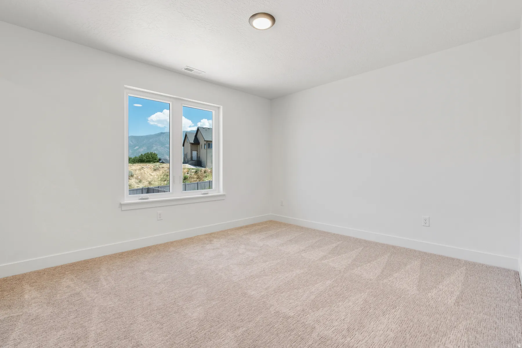 Empty room with light colored carpet and a mountain view