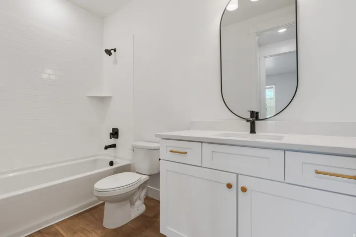 Bathroom featuring vanity, dark wood-style flooring, and tub / shower combination