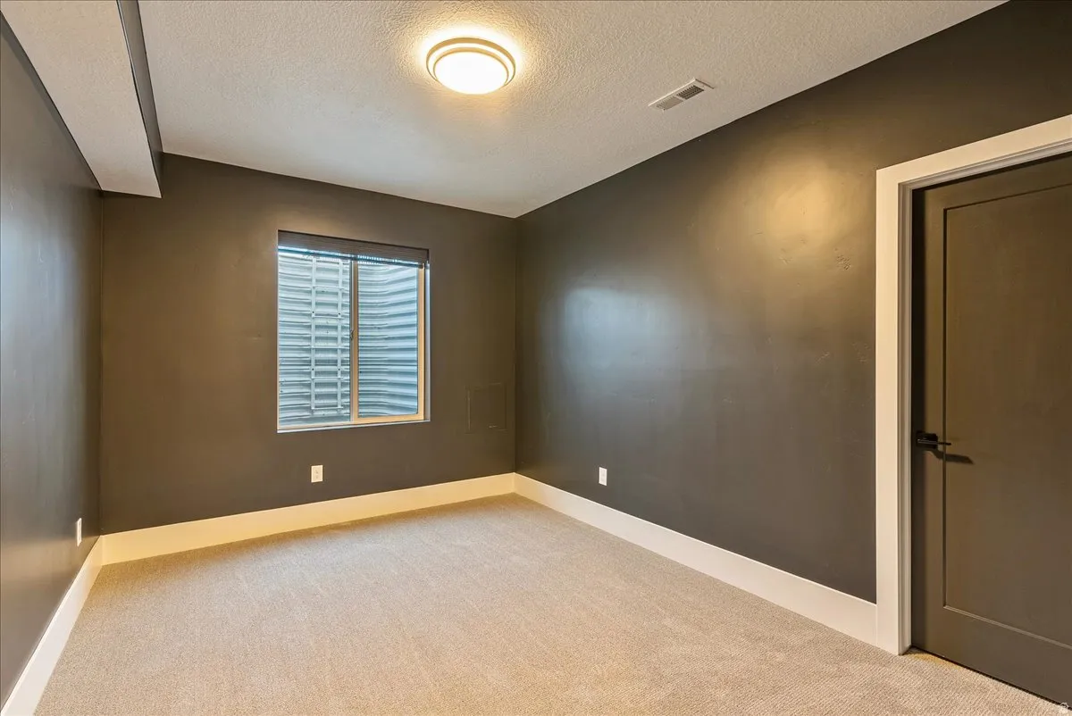 Empty room featuring carpet flooring and a textured ceiling