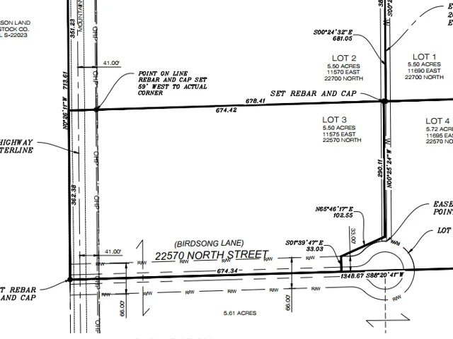 Survey Plat. Depicting the layout of lots, including acreage, street names, and boundary measurements for the property