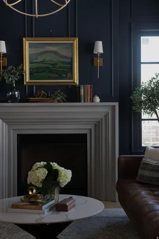 Detailed view of a fireplace with raised hearth