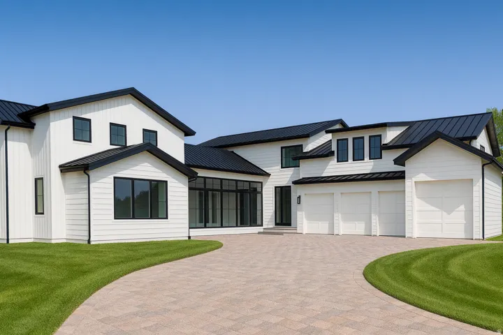 Modern inspired farmhouse with a standing seam roof and a metal roof