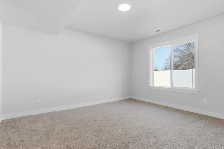 Unfurnished room featuring light carpet