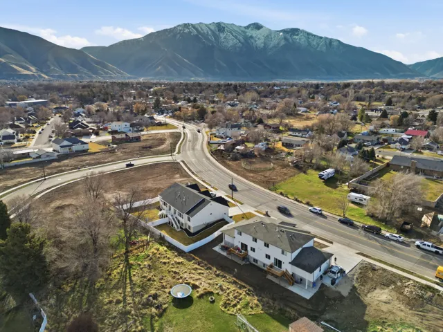 Aerial view of residential area with a mountain backdrop