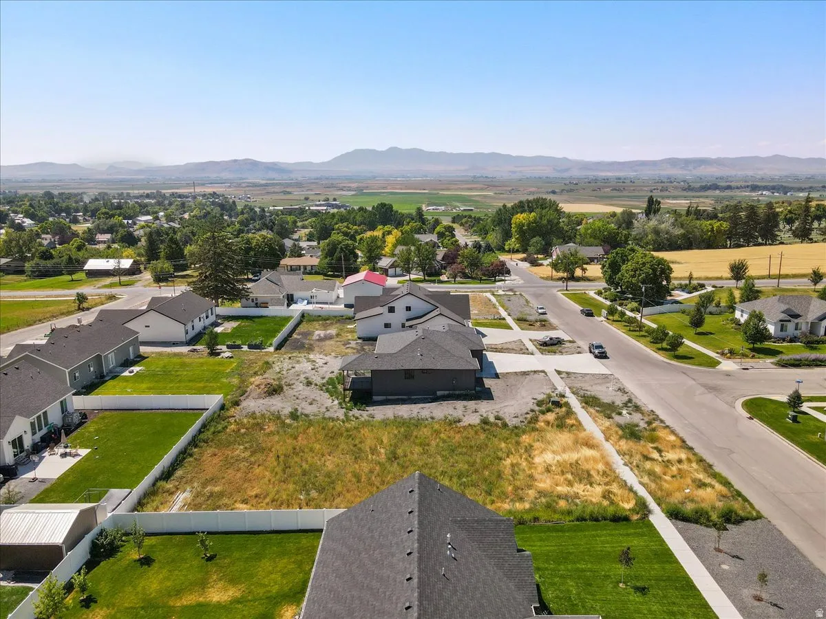 Aerial perspective of suburban area featuring a mountain backdrop