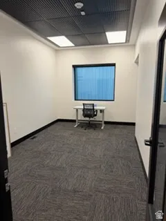 Spare room with dark colored carpet