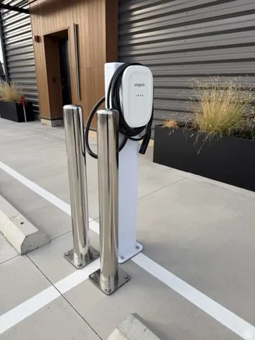 Exterior view of pet washing station and electric vehicle charger