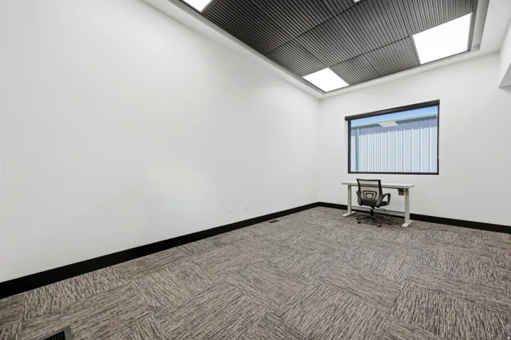 Modern commercial space featuring a wide window, patterned carpet squares, a black baseboard, and a slatted ceiling with integrated lighting