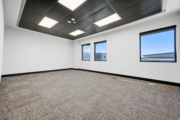 Spacious room featuring textured carpet flooring, multiple windows with black framing, and a ceiling with integrated square lighting panels and a slatted design