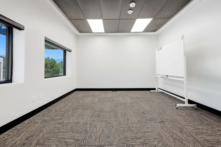 Contemporary room featuring two horizontal windows with black trim, a textured ceiling with integrated lighting, and patterned carpet flooring
