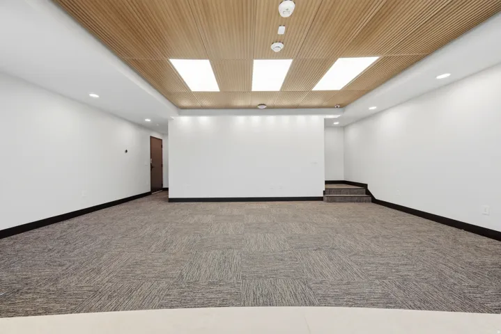 Spacious room featuring textured carpet flooring, white walls, and a distinctive wood-finish slatted ceiling with integrated rectangular panel lighting