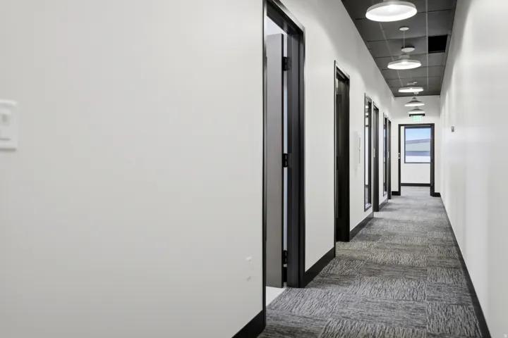 Bright hallway featuring white walls, black trim, patterned carpet flooring, and contemporary pendant lighting fixtures