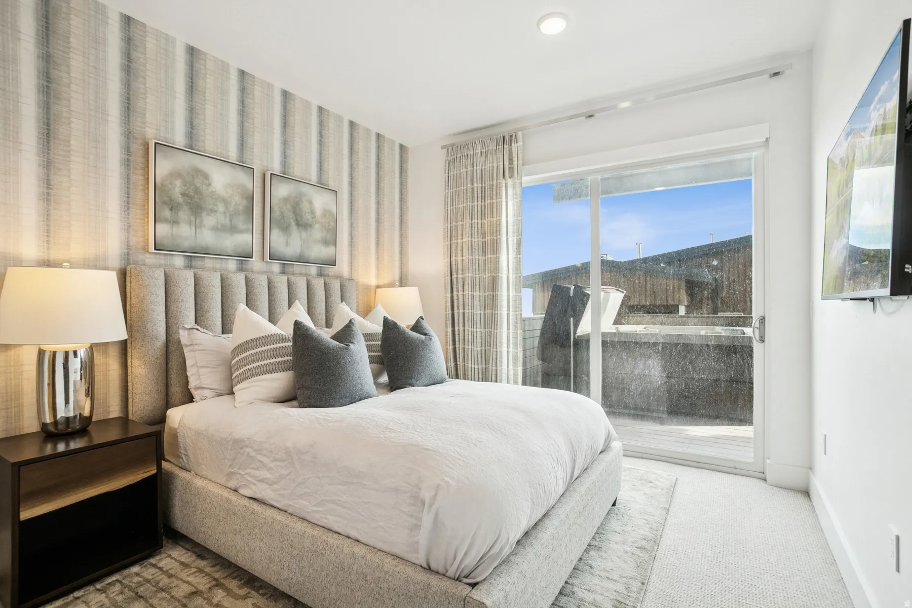 Bedroom featuring carpet floors, access to outside, wallpapered walls, and recessed lighting