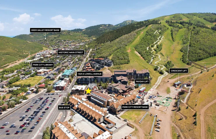 Aerial overview highlighting proximity to Park City Resort Base, Payday Lift, and Crescent Lift
