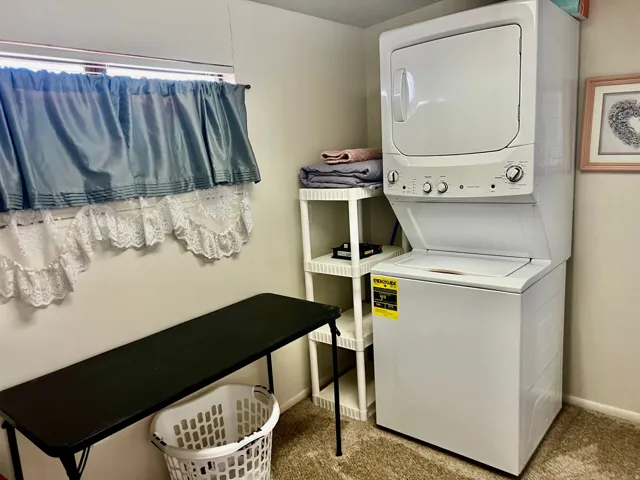 Laundry area with light colored carpet and stacked washing machine and dryer