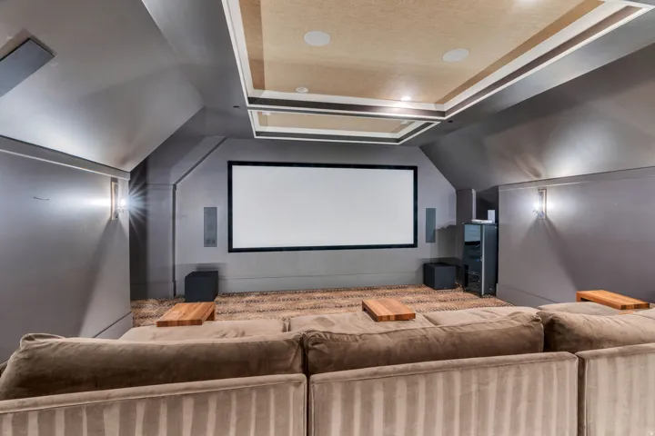 Cinema featuring a raised ceiling