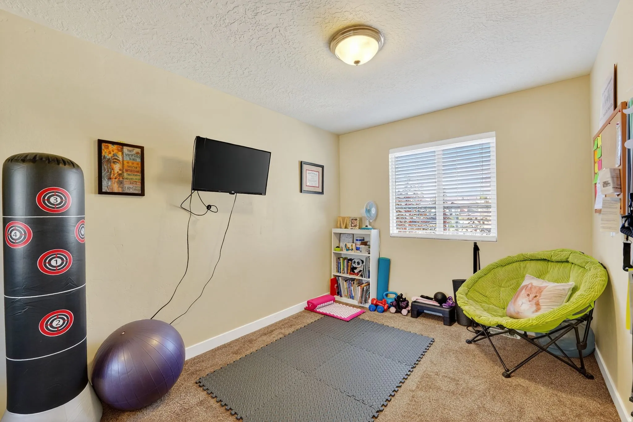 Exercise area with carpet flooring and a textured ceiling