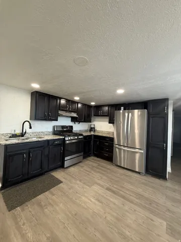 Kitchen featuring dark cabinetry, light wood-type flooring, appliances with stainless steel finishes, light stone countertops, and a textured ceiling