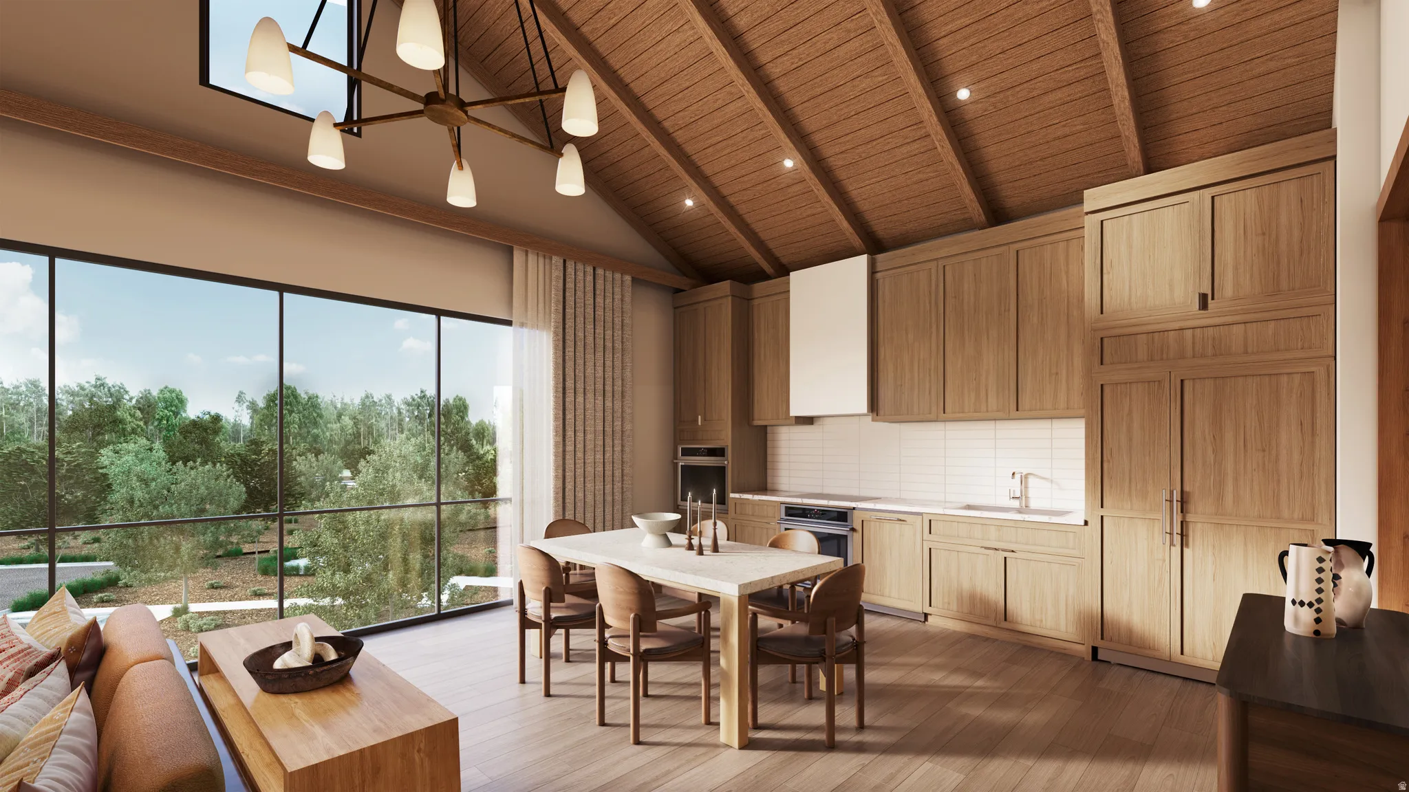 Kitchen with a wooden ceiling with exposed beams, high vaulted ceiling, light wood-style flooring, decorative backsplash, and stainless steel oven