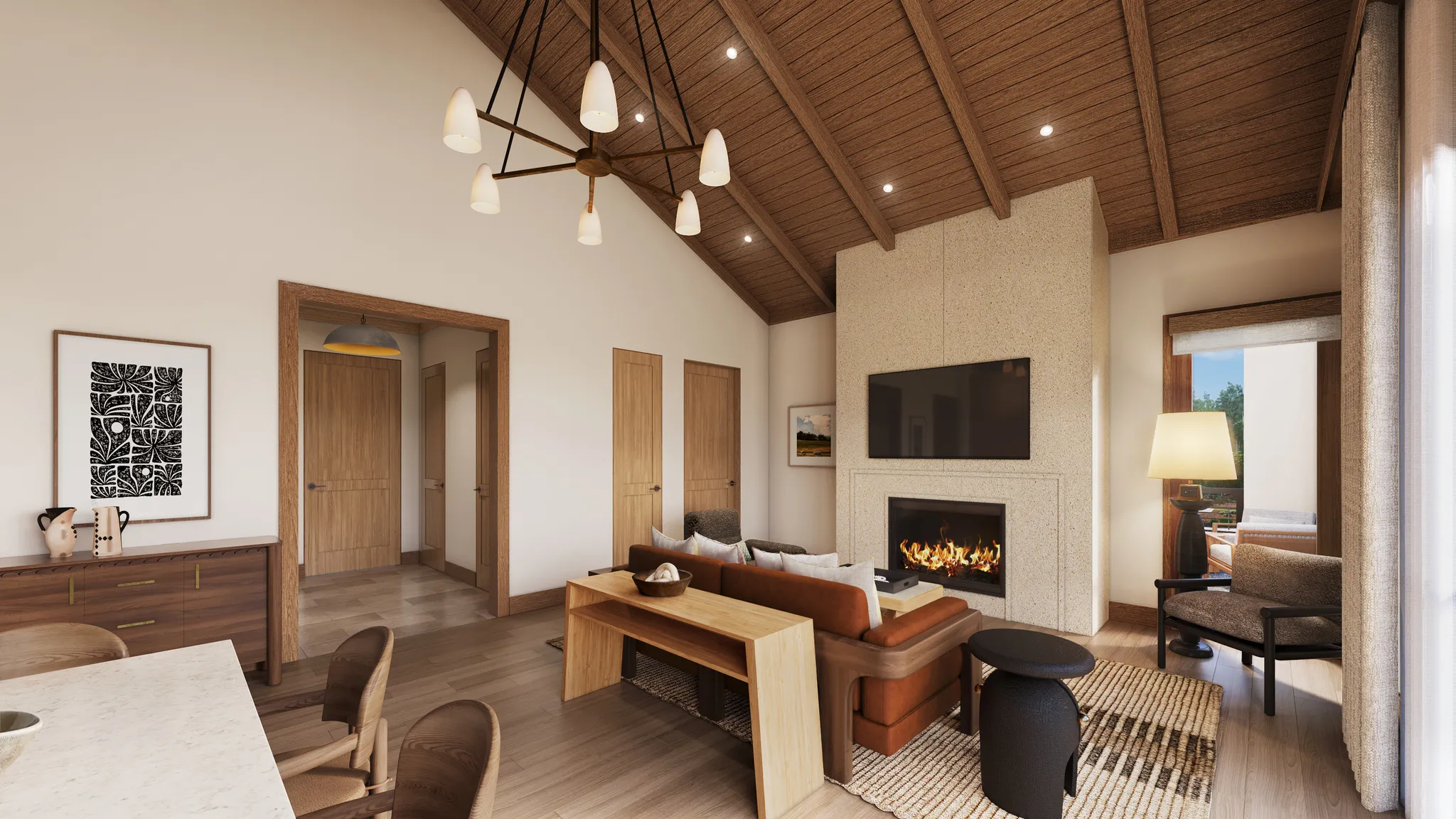 Living room with high vaulted ceiling, a wood ceiling with exposed beams, wood finished floors, a fireplace, and recessed lighting
