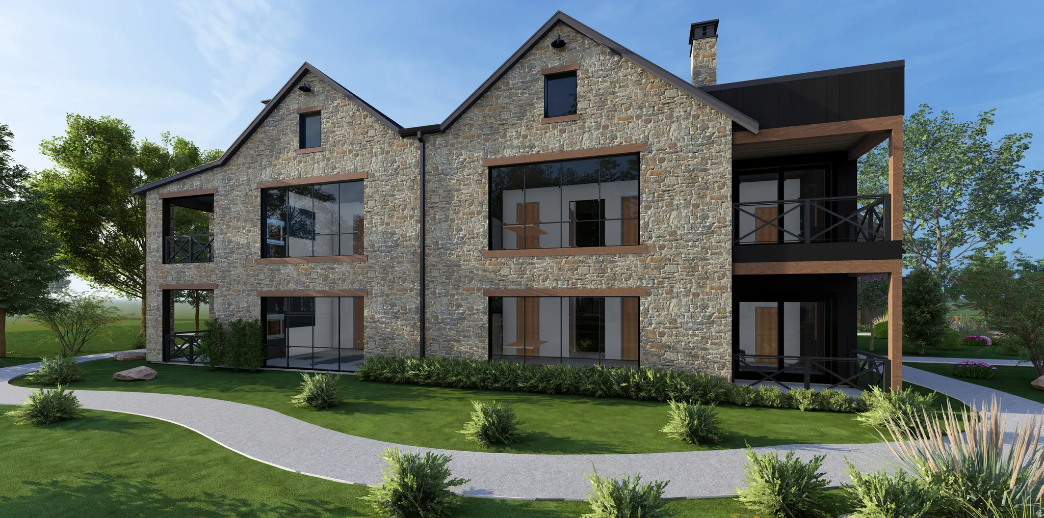 Back of property featuring a balcony, a lawn, stone siding, and a chimney